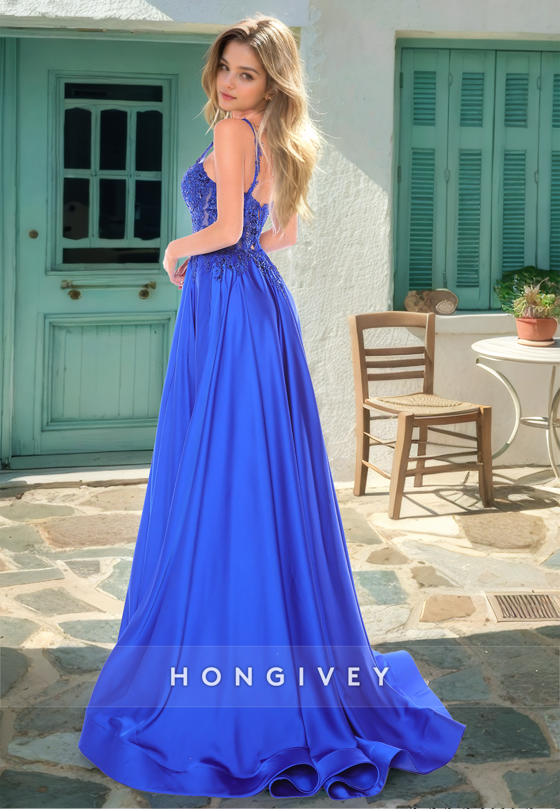 Chic Applique Straps Formal Evening Dress Royal Blue Black Aline Prom Gown