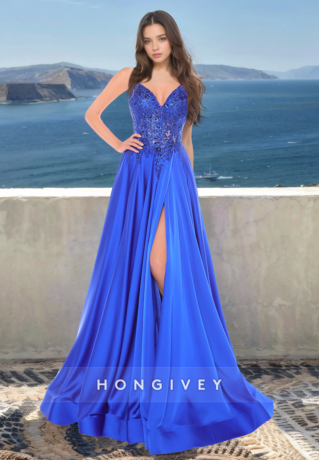 Chic Applique Straps Formal Evening Dress Royal Blue Black Aline Prom Gown