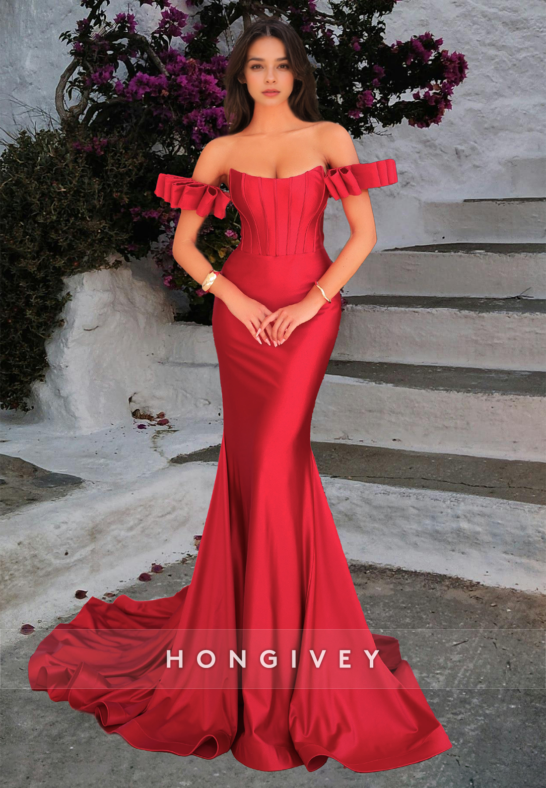 Designed Red Offshoulder Mermaid Formal Evening Dress Strapless Prom Gown