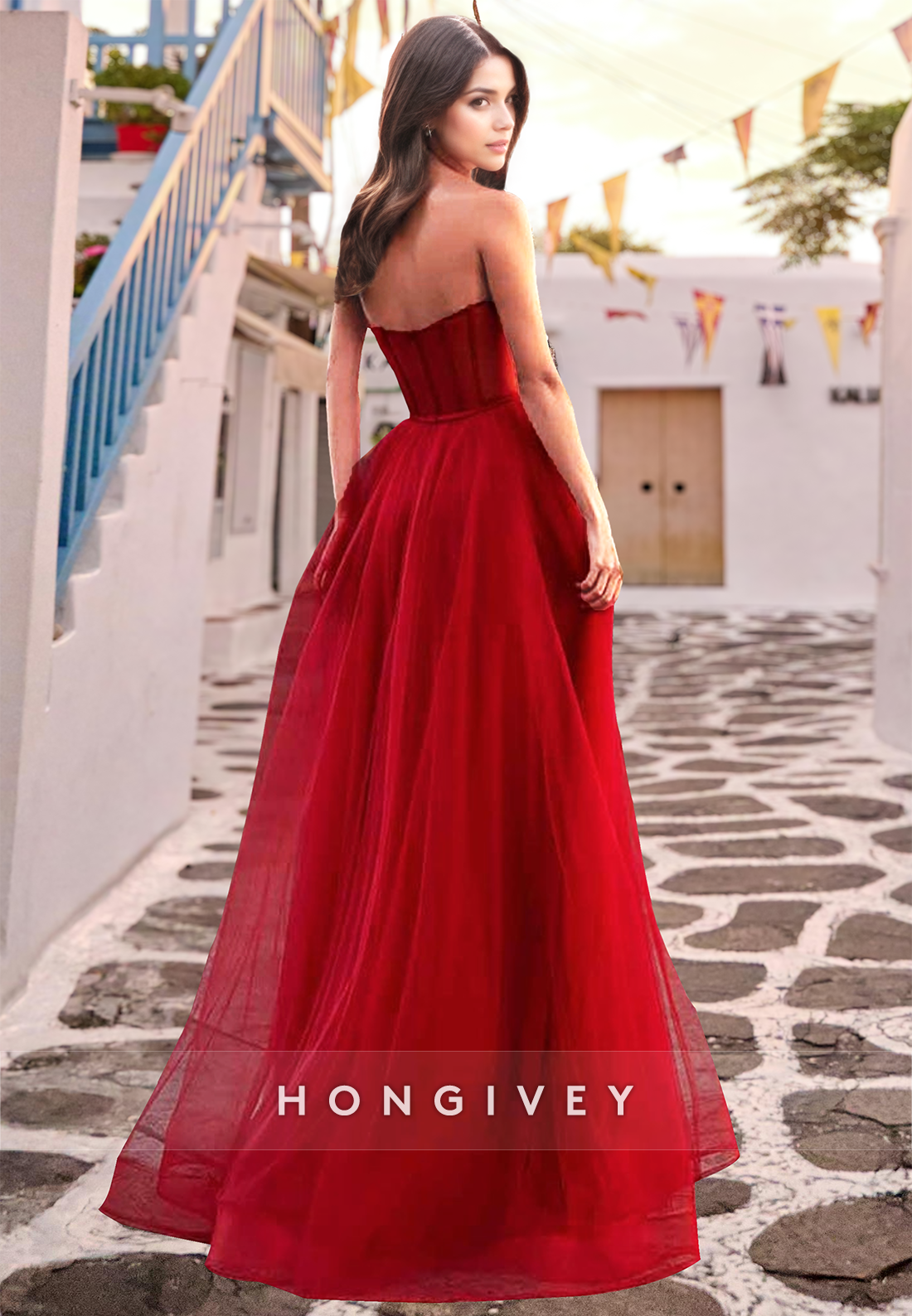 Red Strapless Sweetheart Side Slit Aline Evening Dress Prom Dress Ball Gown