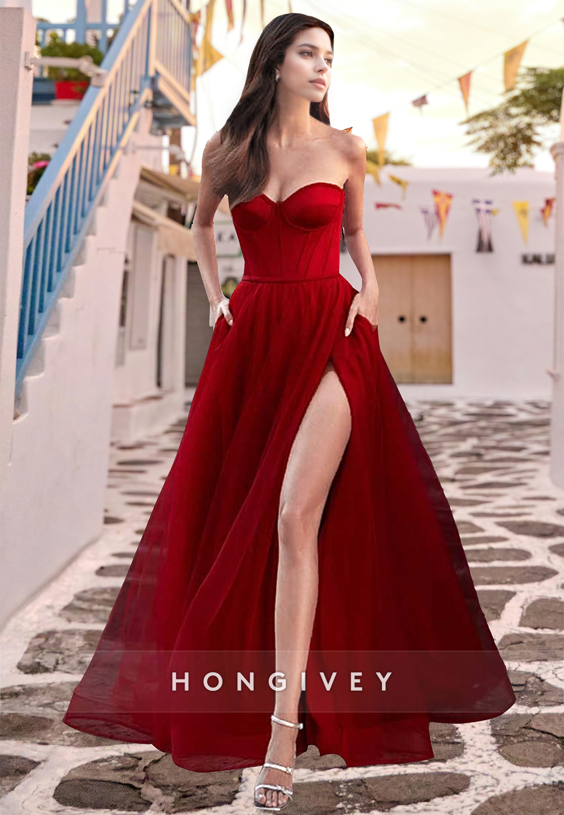 Red Strapless Sweetheart Side Slit Aline Evening Dress Prom Dress Ball Gown