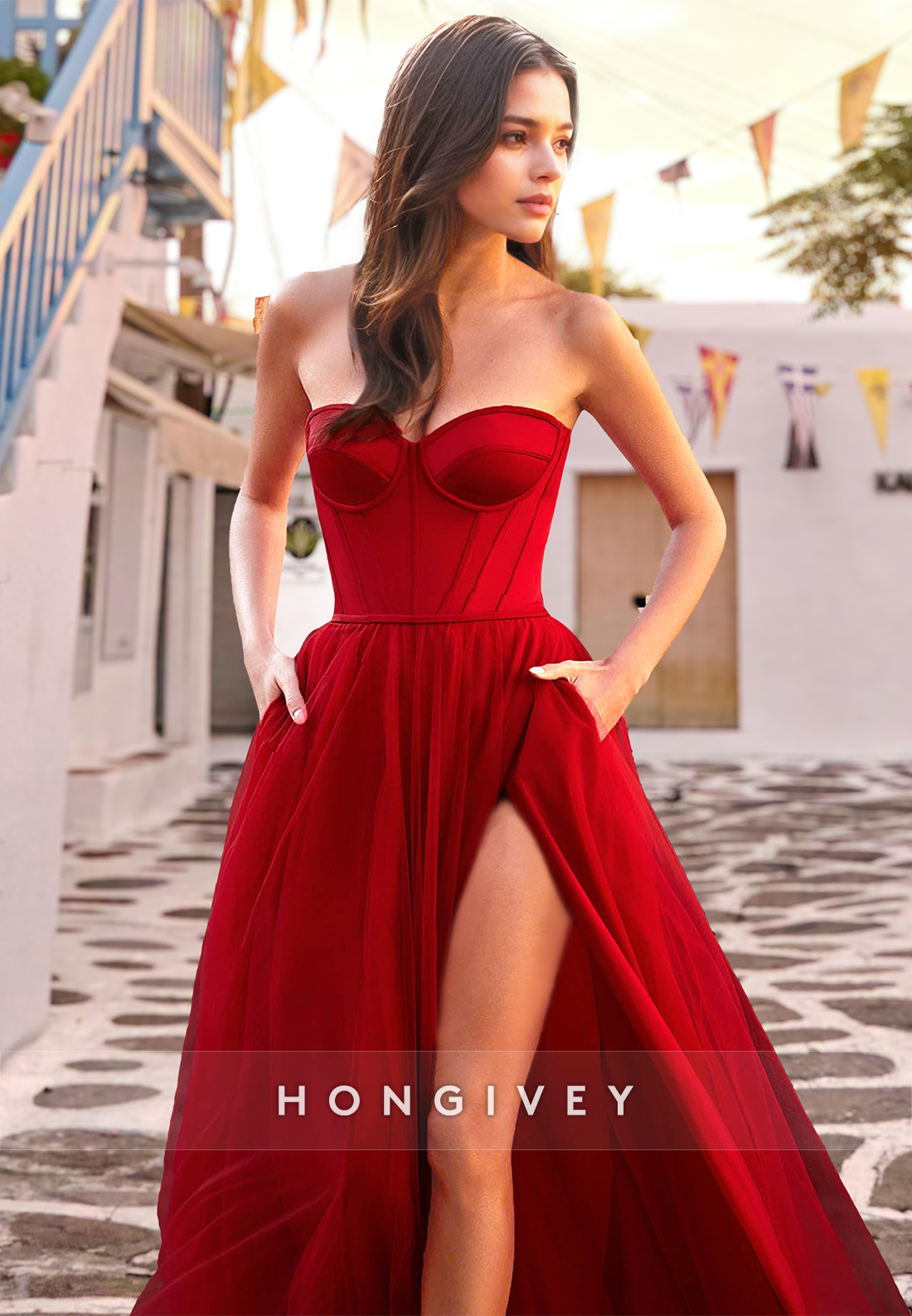 Red Strapless Sweetheart Side Slit Aline Evening Dress Prom Dress Ball Gown