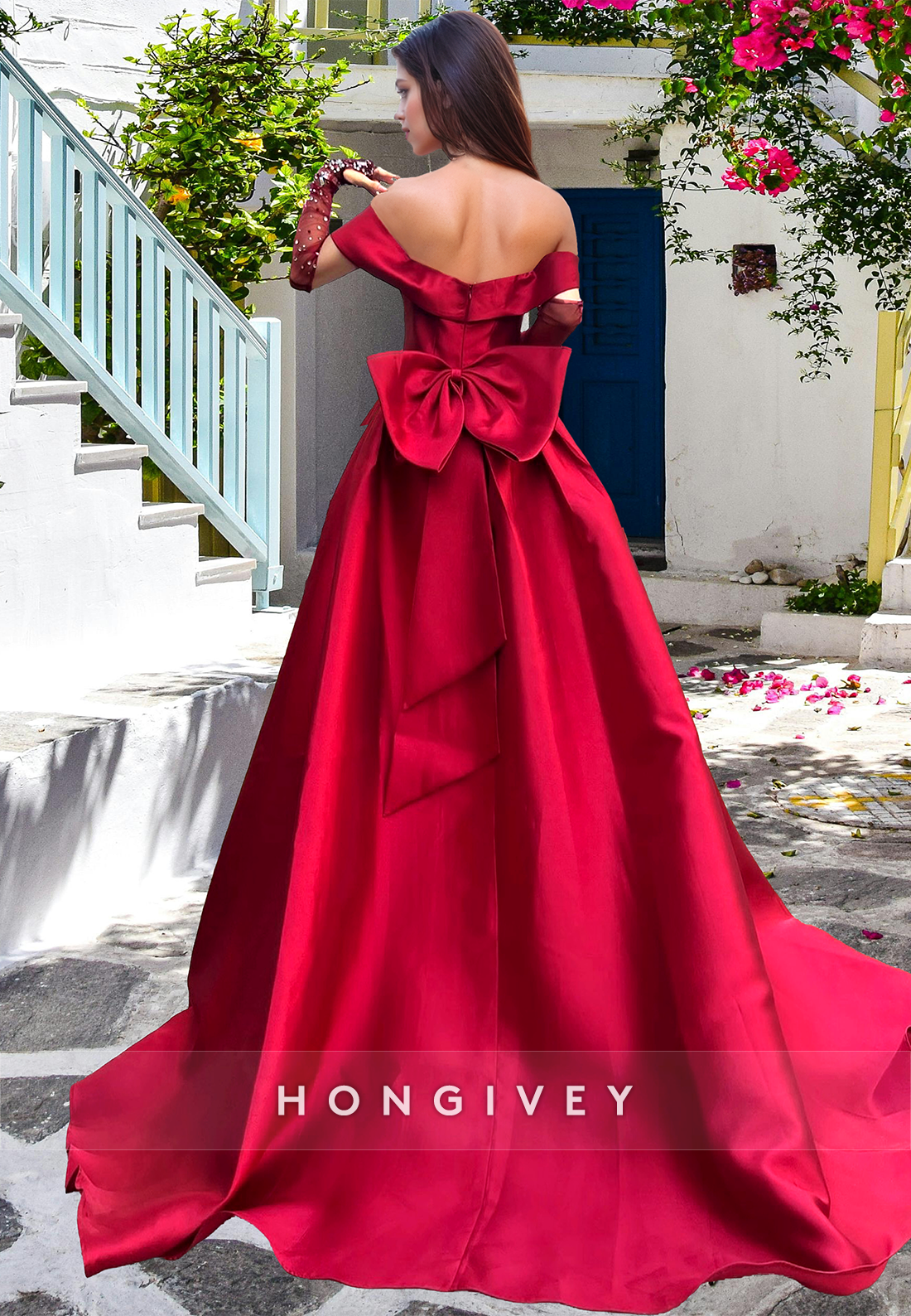 Red Formal Evening Dress Elegant Long Sleeves With Bow Aline Prom Gown