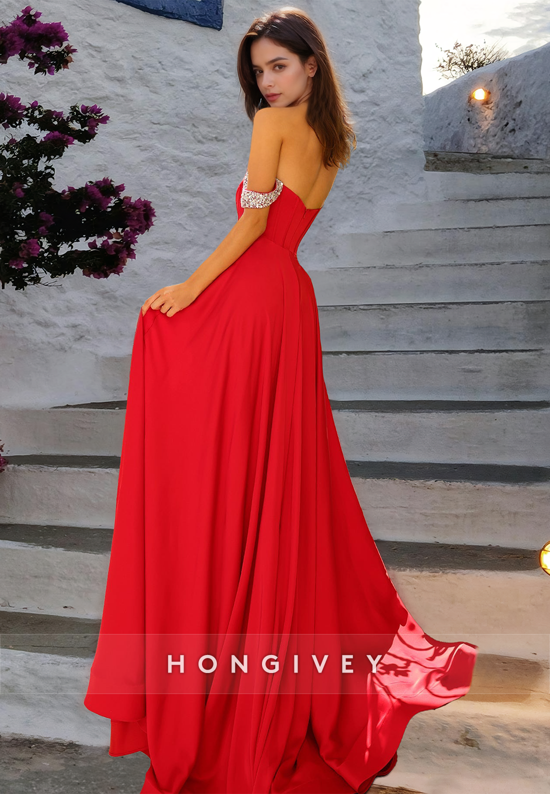 Offshoulder Formal Evening Dress With Side Slit Sweetheart Satin Party Dress