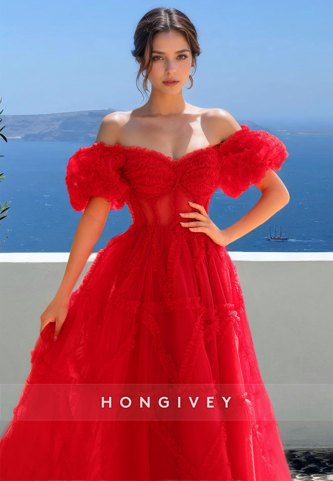 Special Stripe Tulle Prom Dress Red Offshoulder Aline Ball Gown