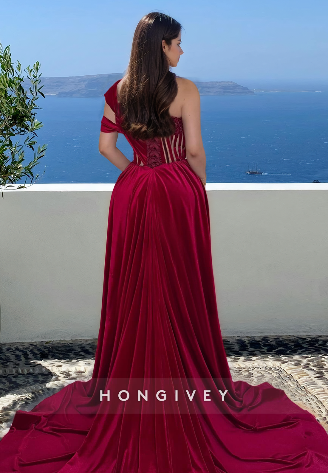 Dark Red One Shoulder Side Slit Elegant Evening Dress Formal Party Gown