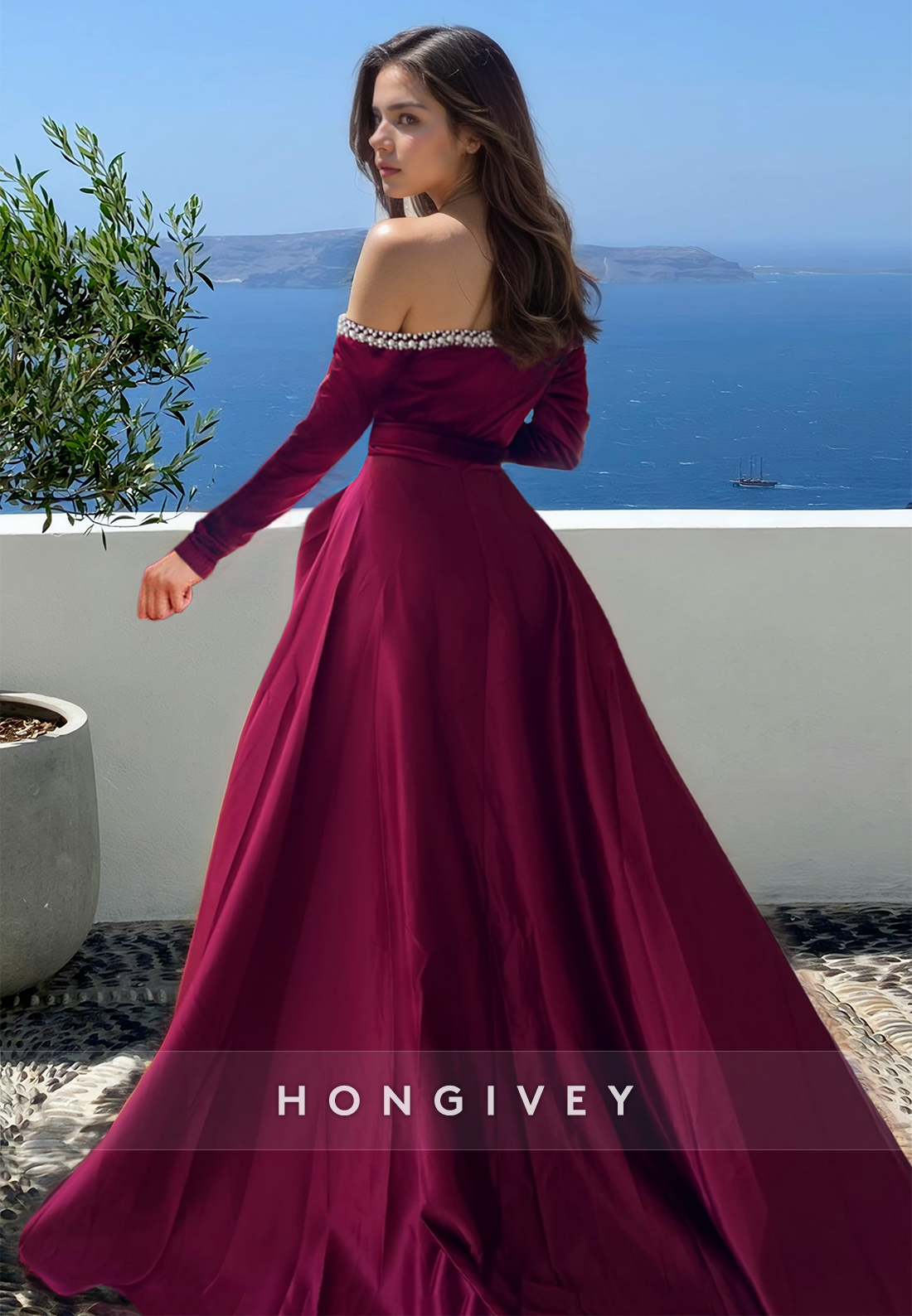 Offshoulder Long Sleeves Formal Evening Dress Raspberry Aline Prom Gown