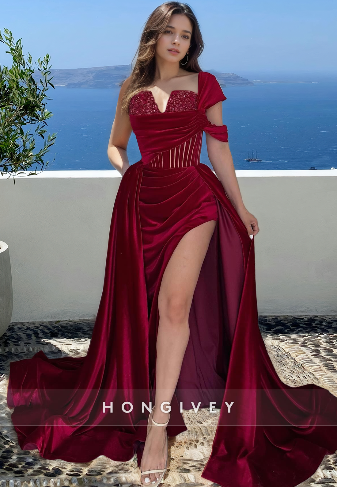 Dark Red One Shoulder Side Slit Elegant Evening Dress Formal Party Gown