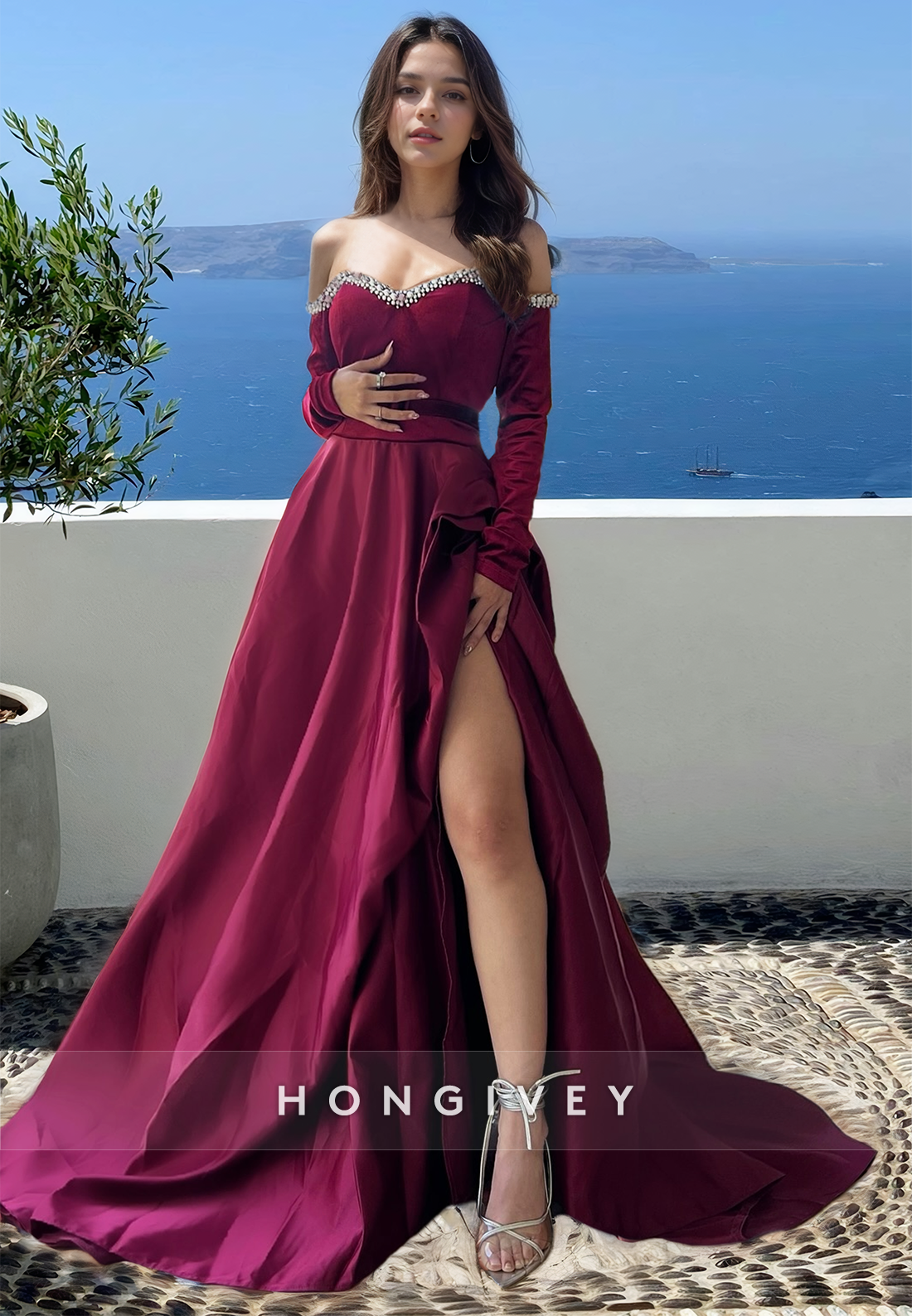 Offshoulder Long Sleeves Formal Evening Dress Raspberry Aline Prom Gown