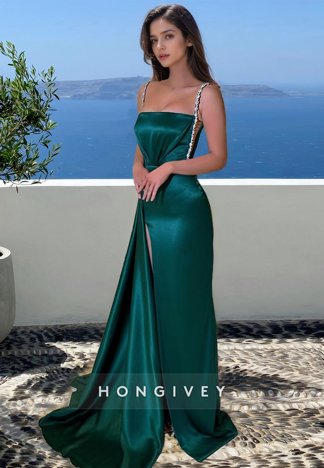 Dark Green Straps Square Sheath Evening Dress With Side Slit Formal Party Gown