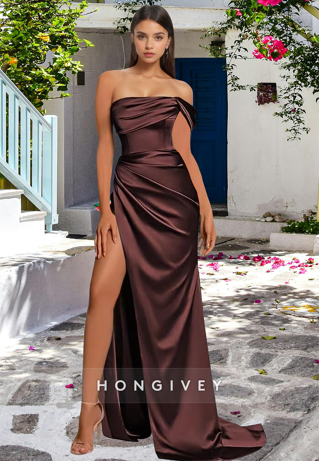 Classic One Shoulder Ruched Evening Dress With Side Slit Formal Party Gown