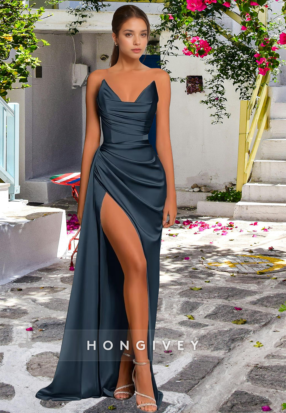 L Simple Couture Strapless Draped With Train And High Slit Evening Party Prom Formal Dress