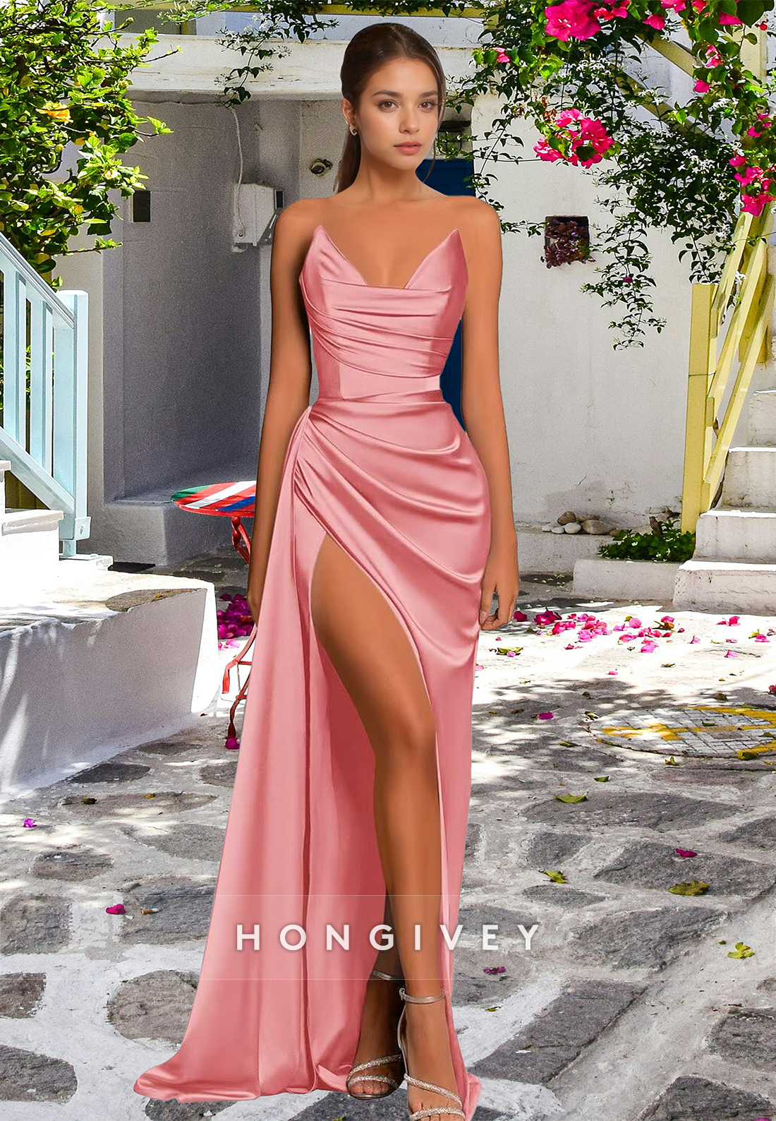 L Simple Couture Strapless Draped With Train And High Slit Evening Party Prom Formal Dress