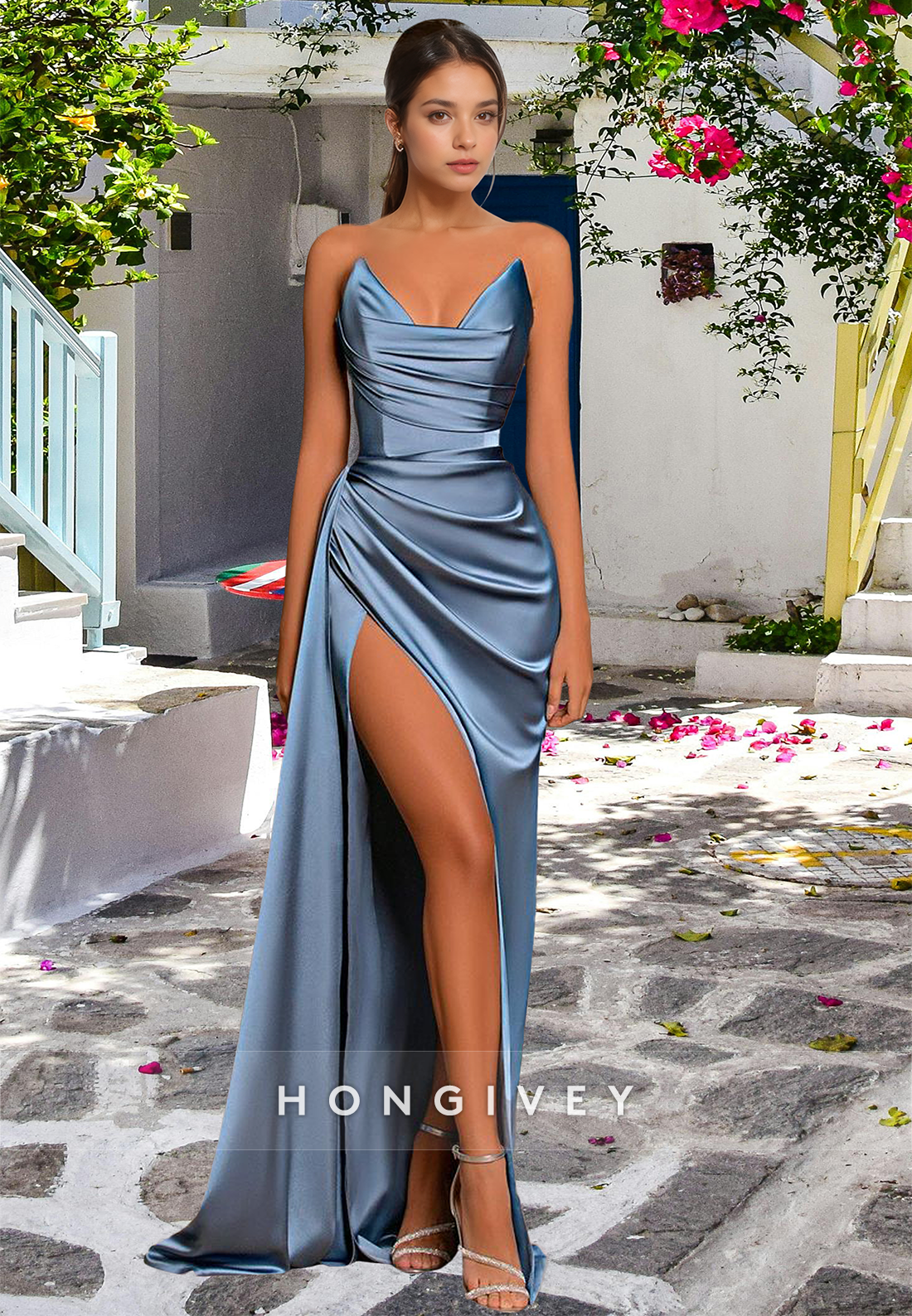 L Simple Couture Strapless Draped With Train And High Slit Evening Party Prom Formal Dress