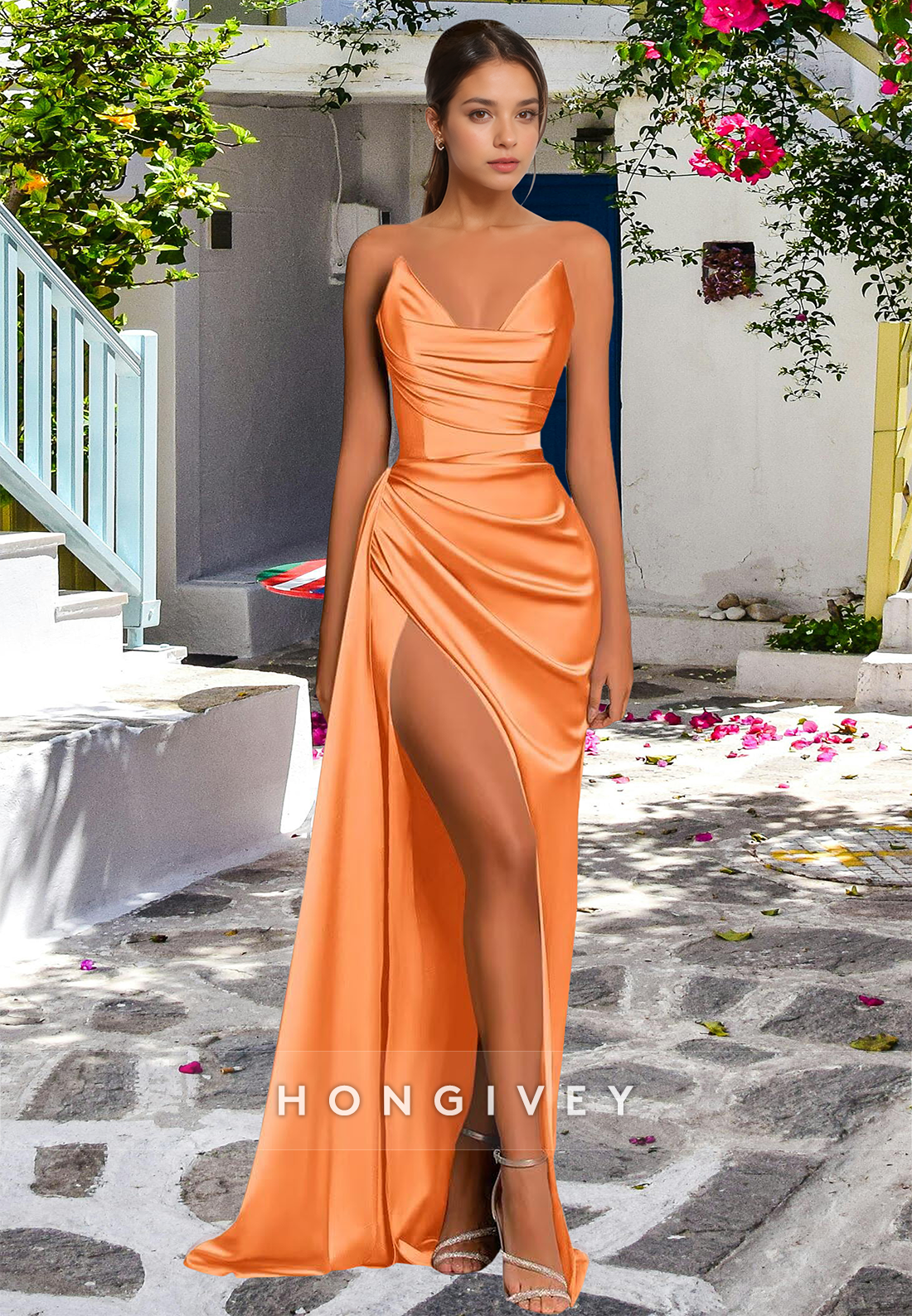 L Simple Couture Strapless Draped With Train And High Slit Evening Party Prom Formal Dress