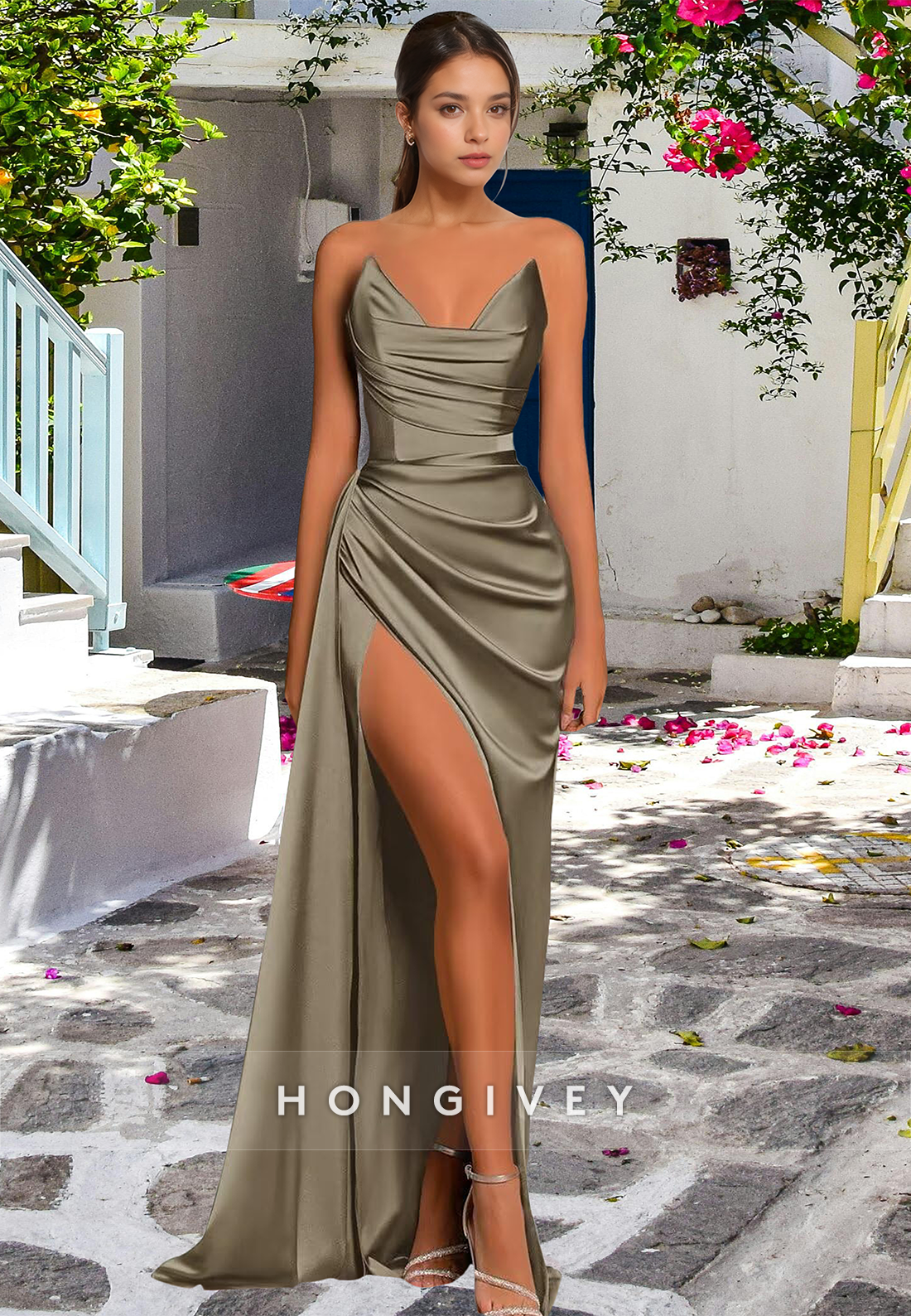 L Simple Couture Strapless Draped With Train And High Slit Evening Party Prom Formal Dress