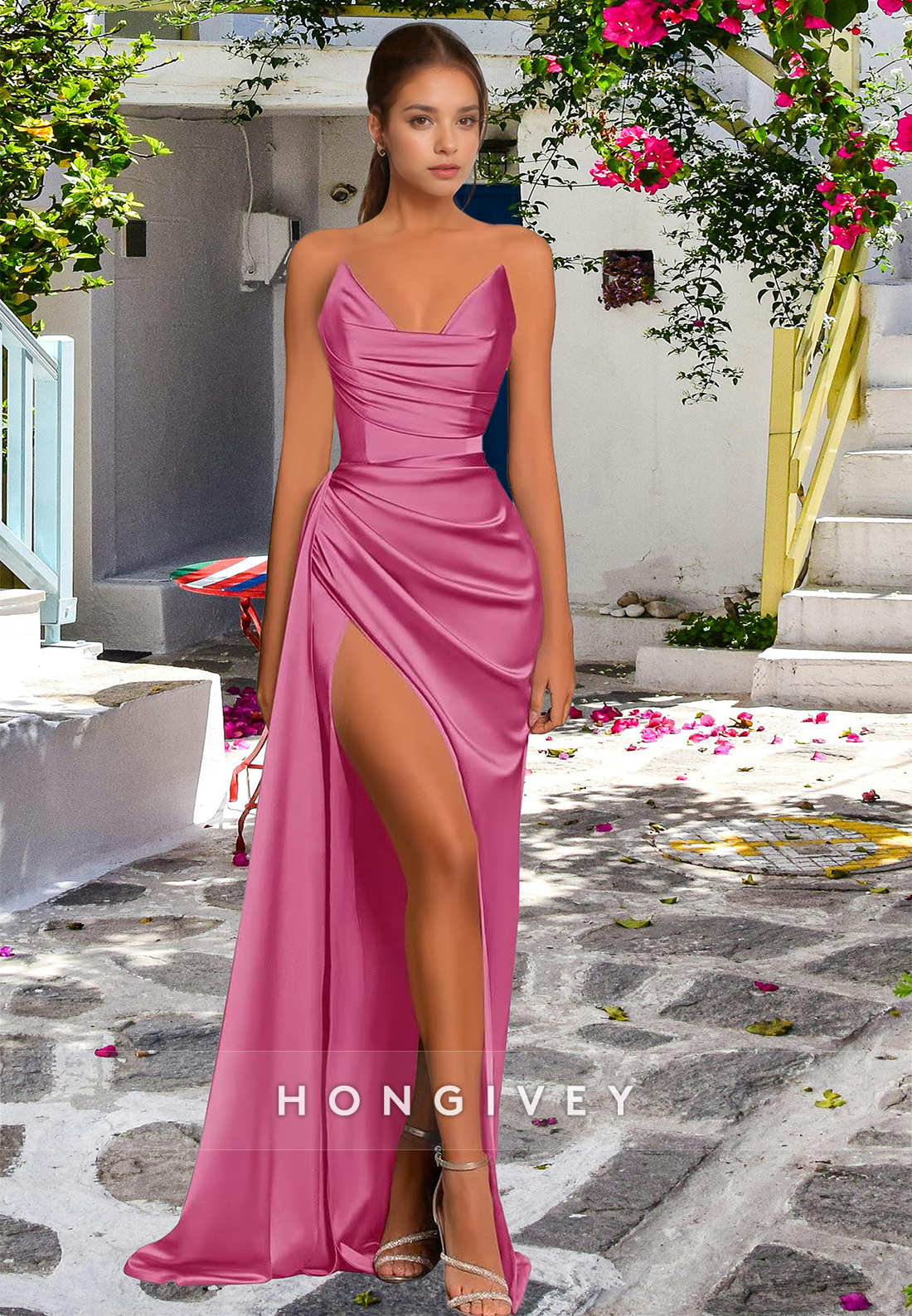 L Simple Couture Strapless Draped With Train And High Slit Evening Party Prom Formal Dress