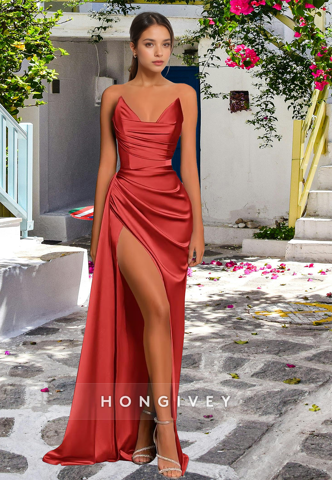 L Simple Couture Strapless Draped With Train And High Slit Evening Party Prom Formal Dress