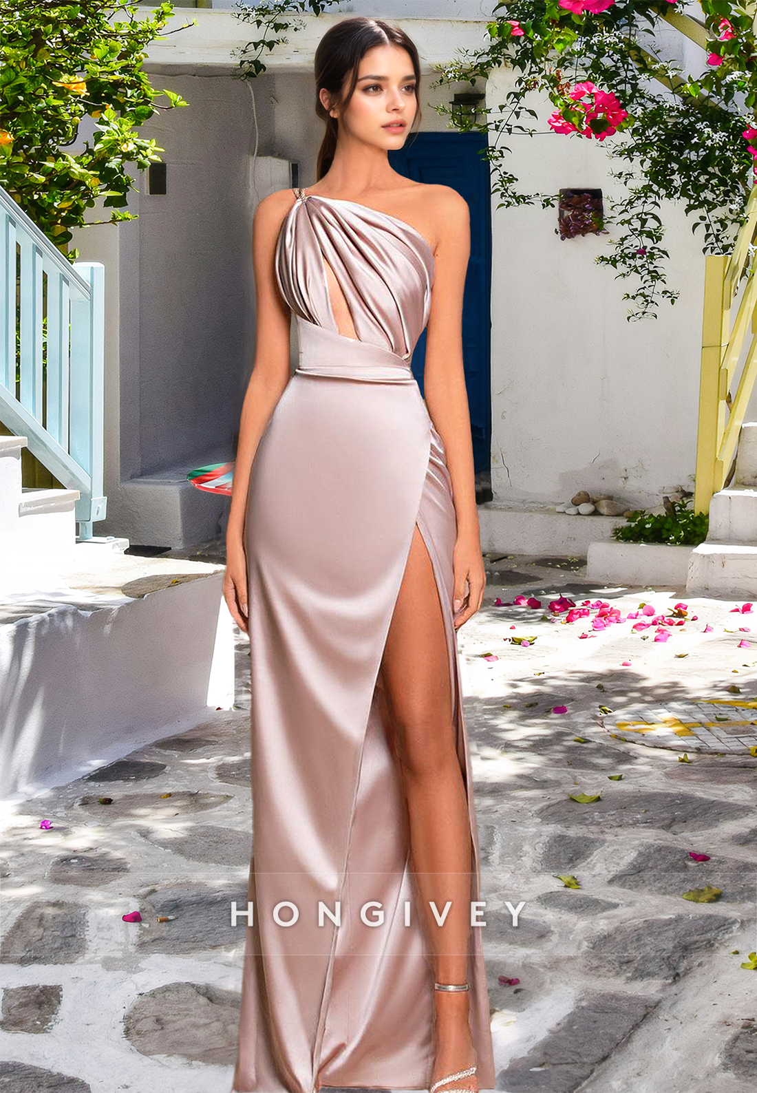 Ruched Asymmetrical Strapless Empire Waist With Side Slit Evening Dress Formal Party