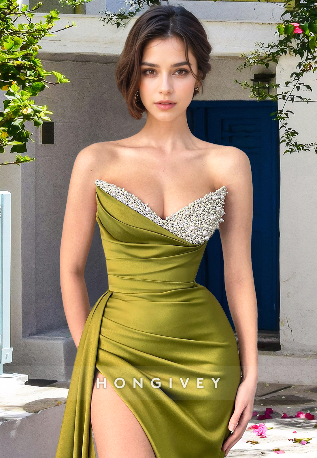 Olive Strapless Sweetheart Sheath Evening Dress Formal Party Gown Women