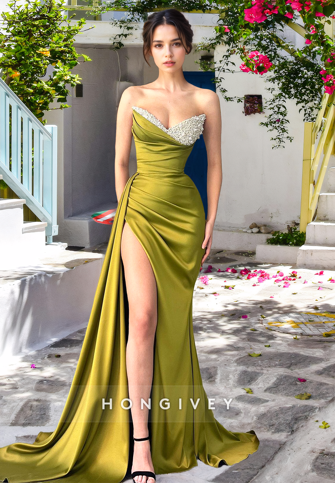 Olive Strapless Sweetheart Sheath Evening Dress Formal Party Gown Women