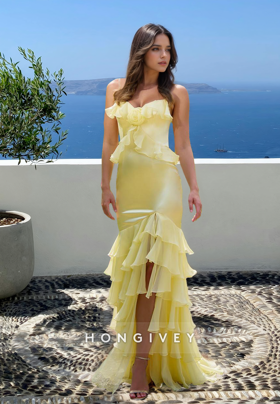 Yellow Tiered Floral Offshoulder Mermaid Evening Dress Party Gown