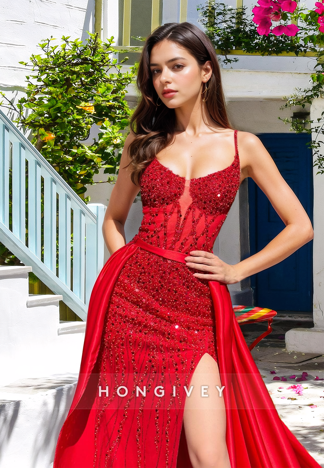 Sexy Red Beaded Straps Side Slit Evening Dress With Train Formal Party Gown