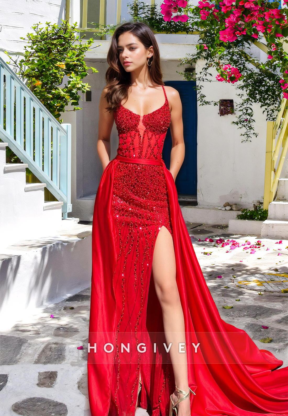 Sexy Red Beaded Straps Side Slit Evening Dress With Train Formal Party Gown