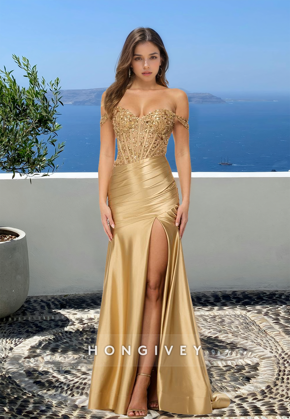 Gold Sequined Offshoulder Side Slit Trumpet Evening Dress Formal Party Gown