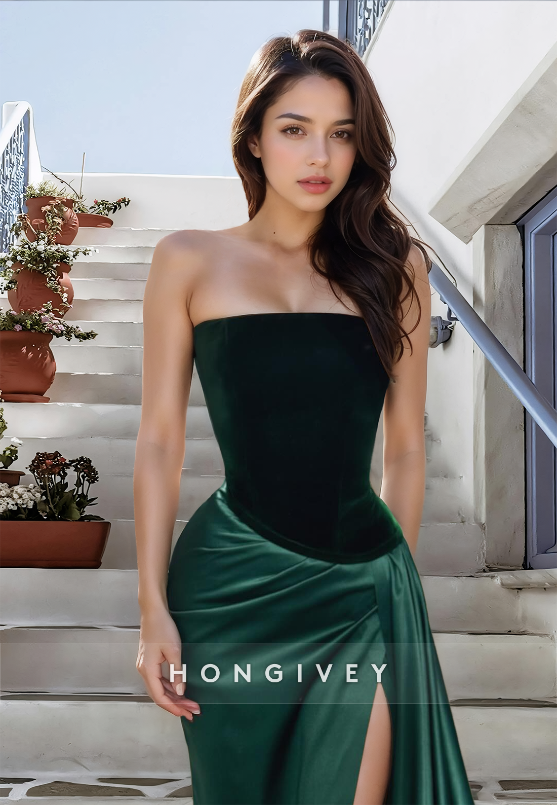 Velvet Dark Green Strapless Ruched Trumpet Evening Dress Formal Party Gown