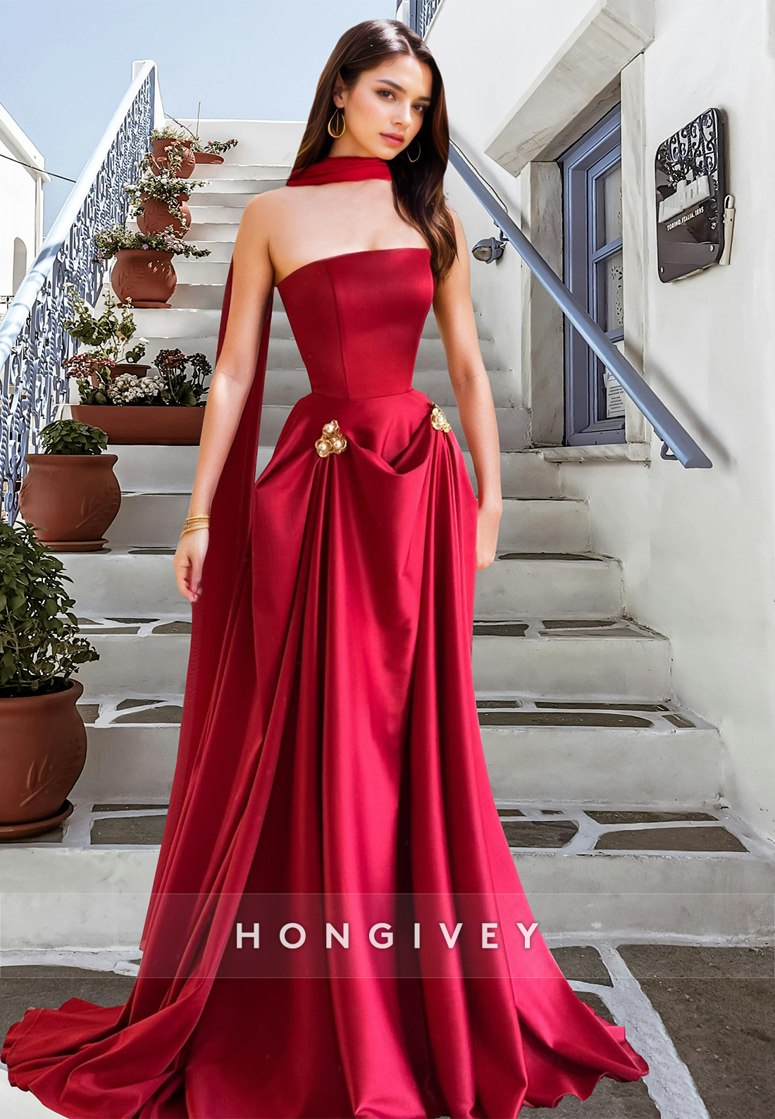 Red Strapless Floral Satin Empire Waist Aline With Cape Formal Evening Dress Prom Gown