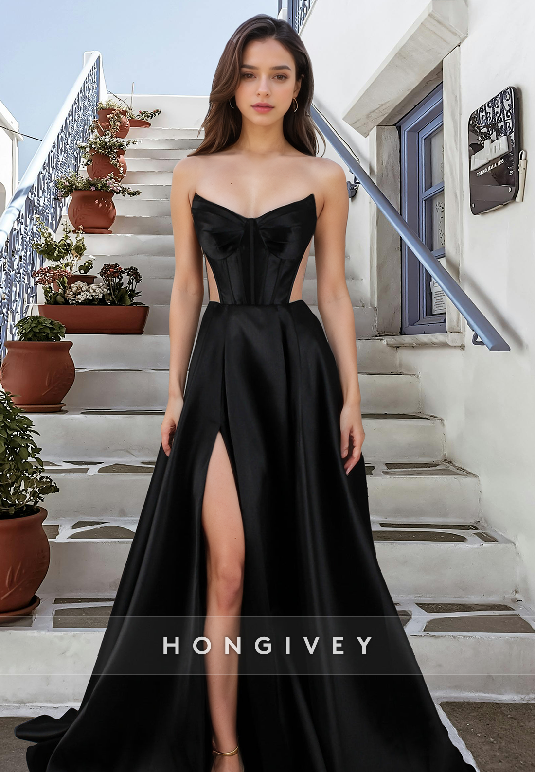 Sexy Strapless Aline Satin With Side Slit Evening Dress Prom Gown