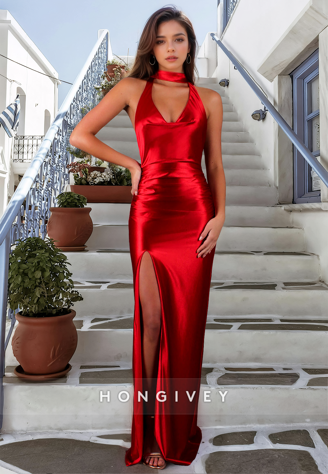 Sexy Fitted Backless Halter With Side Slit Satin Formal Evening Dress