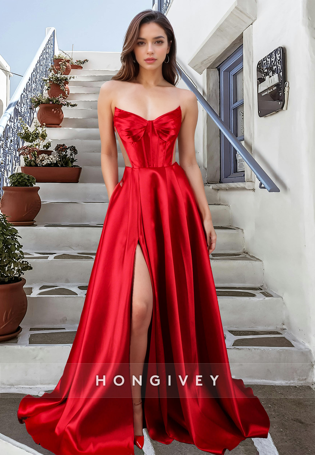 Sexy Strapless Aline Satin With Side Slit Evening Dress Prom Gown