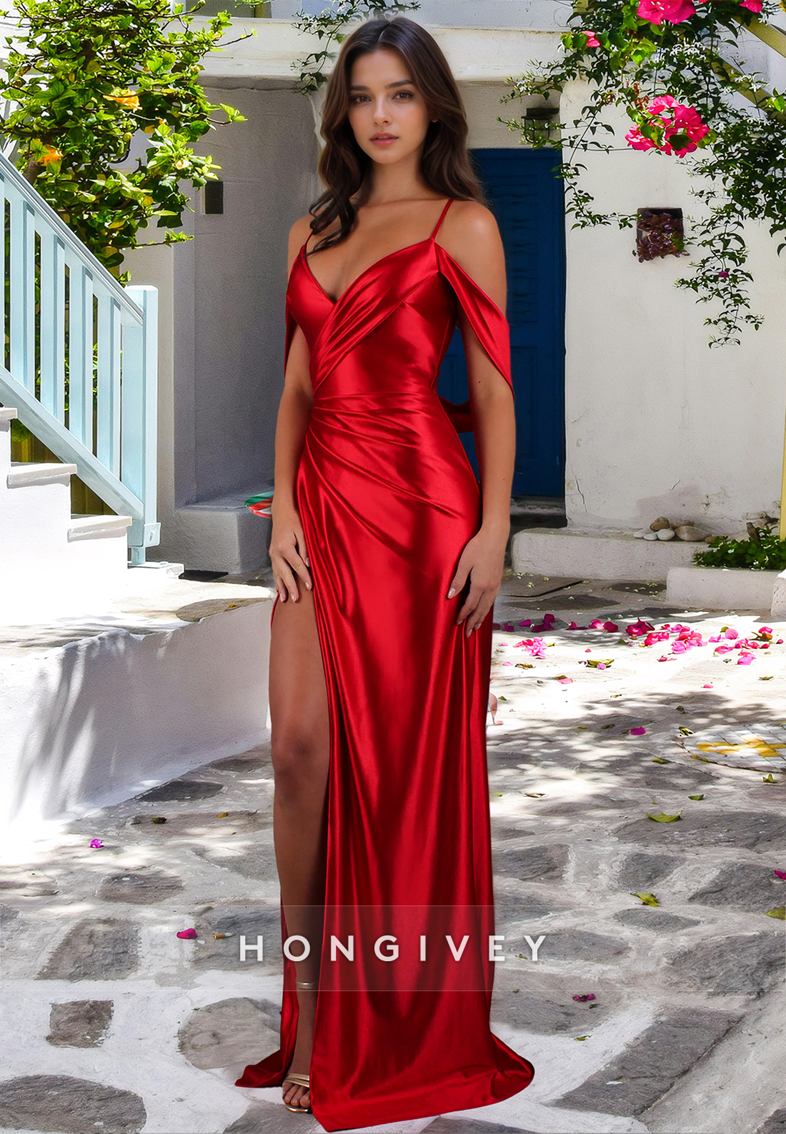 Sexy Offshoulder Sheath Ruched With Side Slit Satin Formal Evening Dress