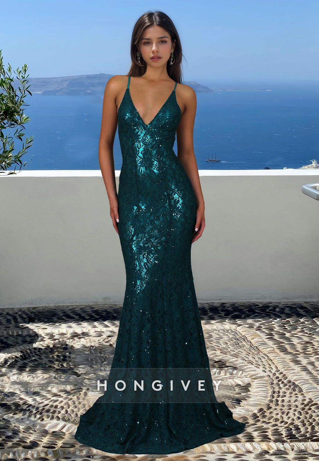 Glitter Vneck Open Back Straps Mermaid Formal Evening Dress New