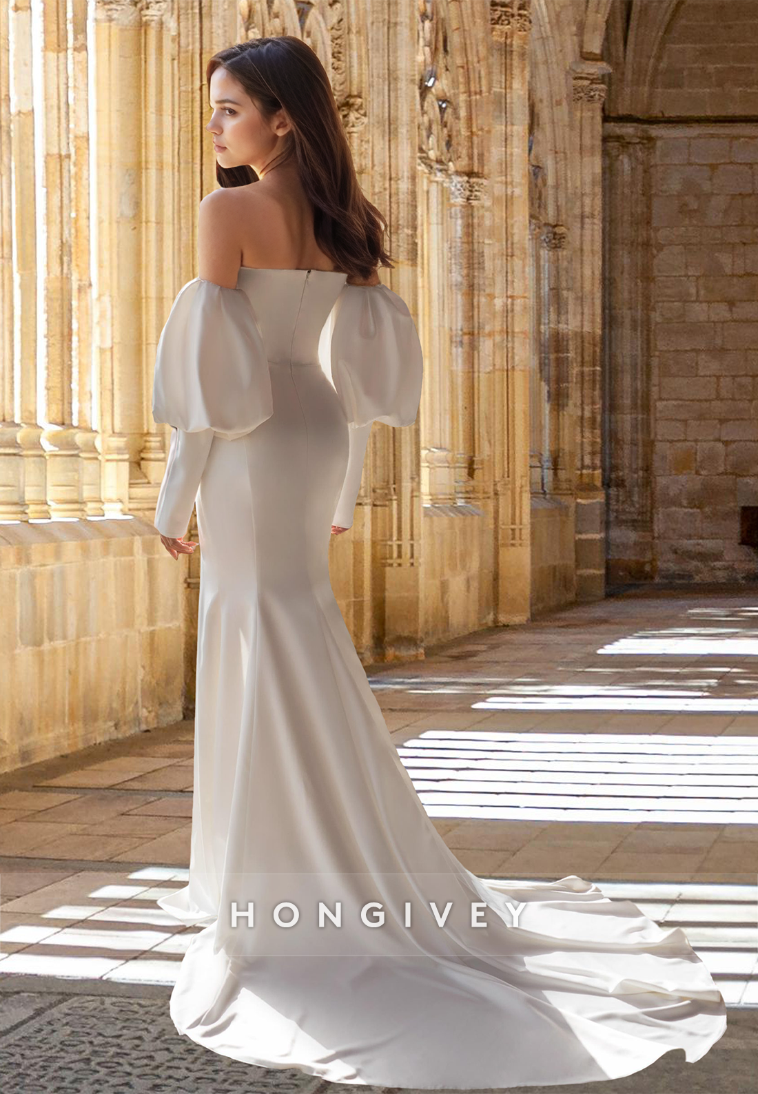 Chic Strapless With Side Slit Long Sleeves Satin Wedding Dress Bride Gown