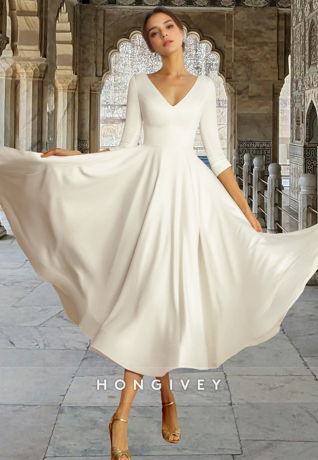 Chic Satin Vneck Half Sleeves Aline Wedding Dress Midi Dresses