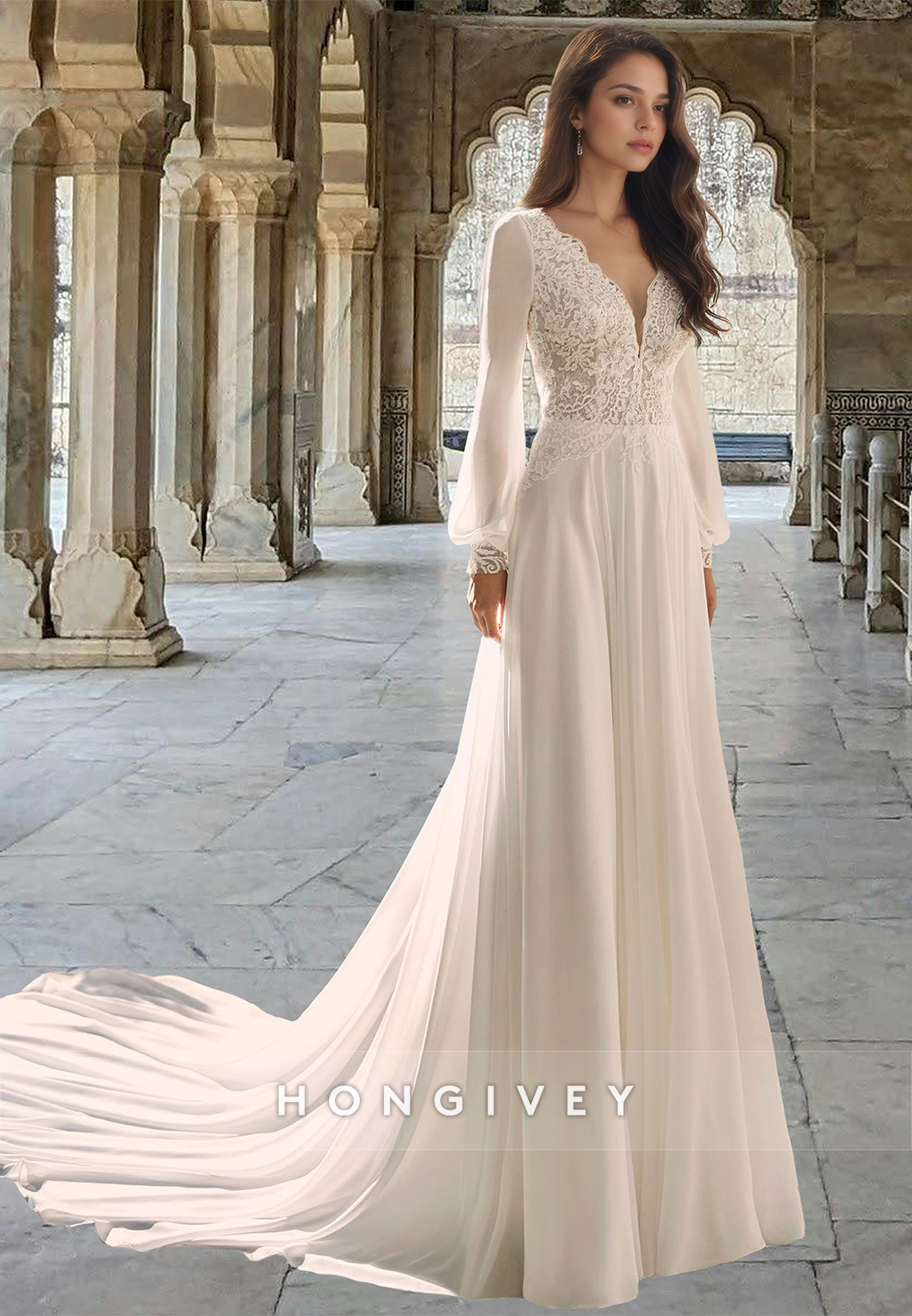 Sexy Lace Applique Aline Long Sleeves Tulle Wedding Dress Bride Gown