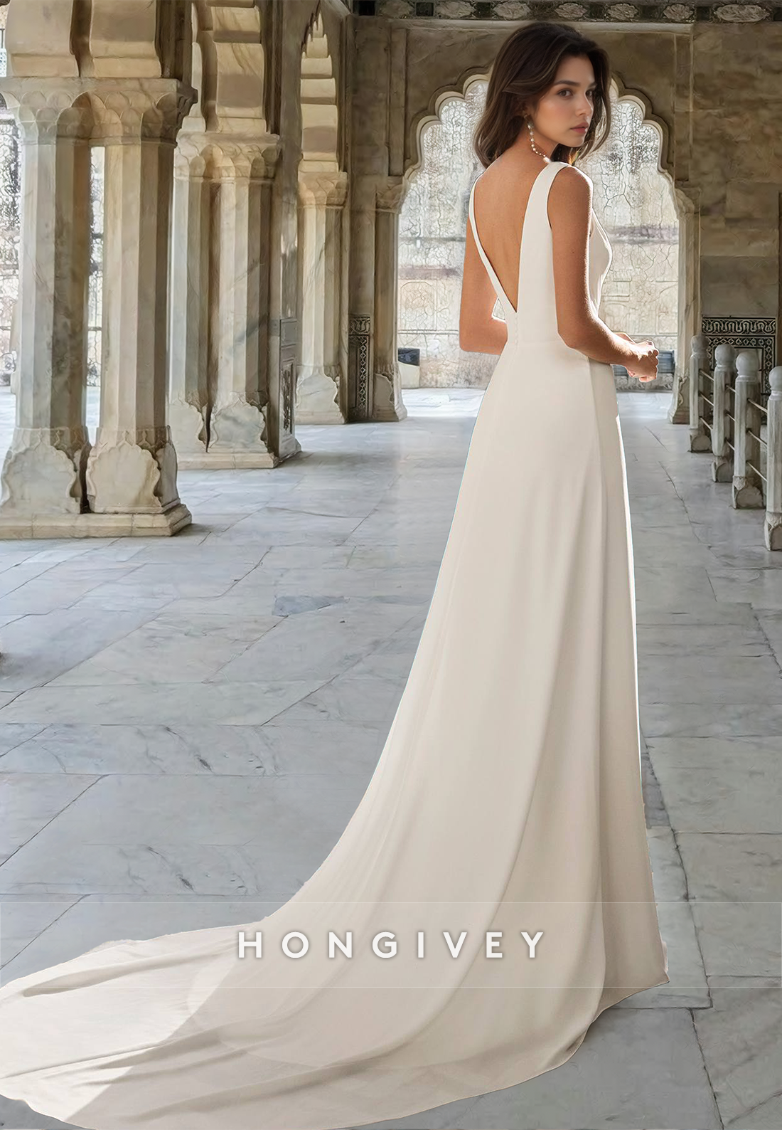 Sexy Open Back Vneck With Slit Sleeveless Satin Wedding Dress Bride Gown