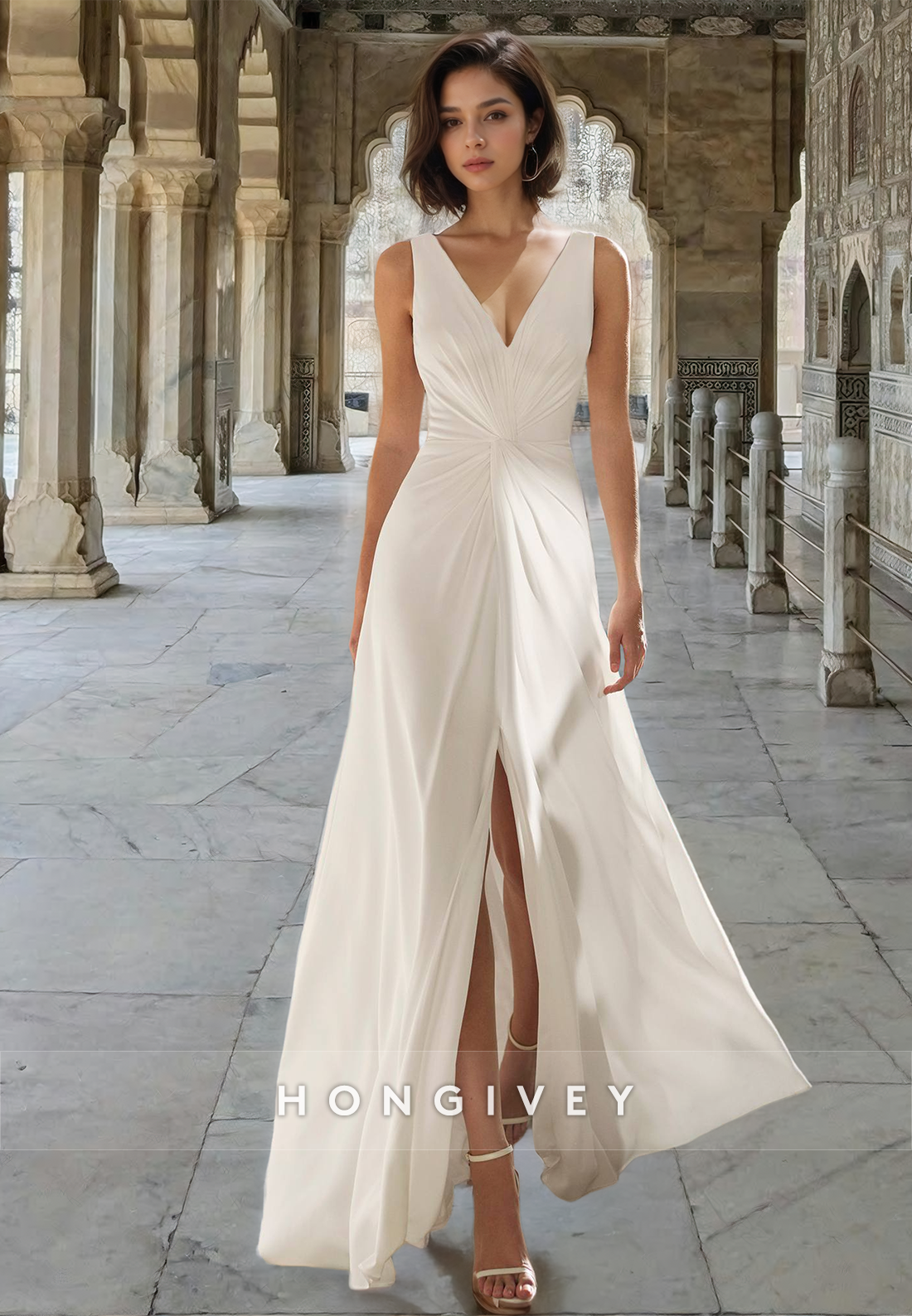 Sexy Open Back Vneck With Slit Sleeveless Satin Wedding Dress Bride Gown