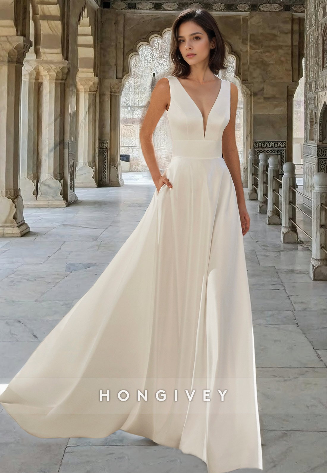 Sexy Vneck Sleeveless Satin Floorlength Aline Wedding Dress