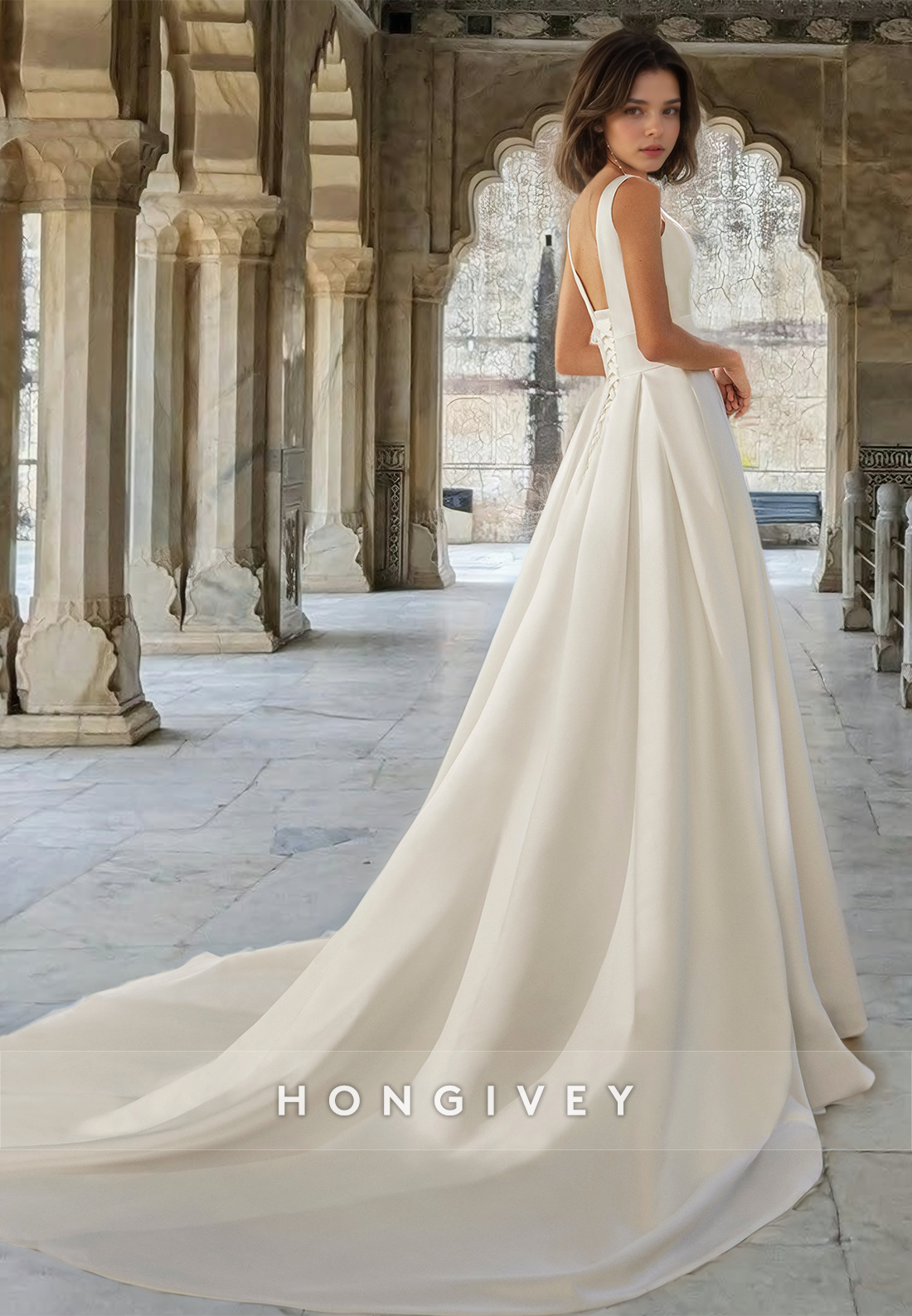 Sexy Vneck Sleeveless Satin Floorlength Aline Wedding Dress