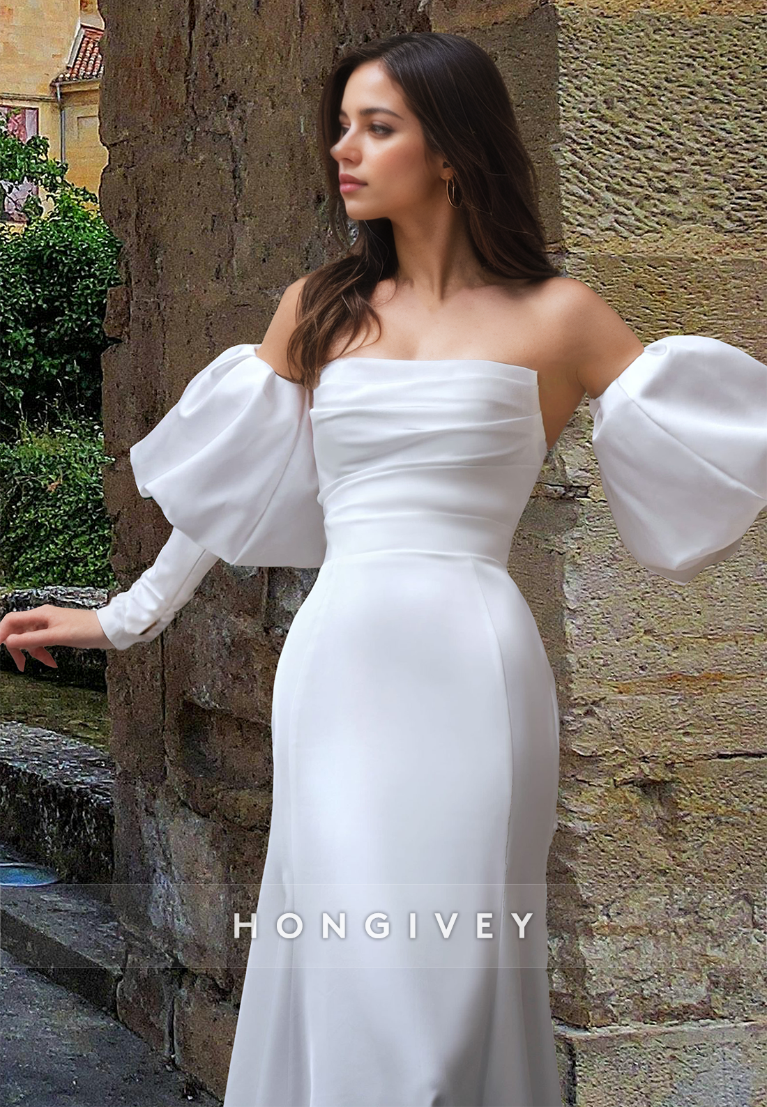 Chic Strapless Long Sleeves Satin Trumpet Wedding Dress Bride Gown