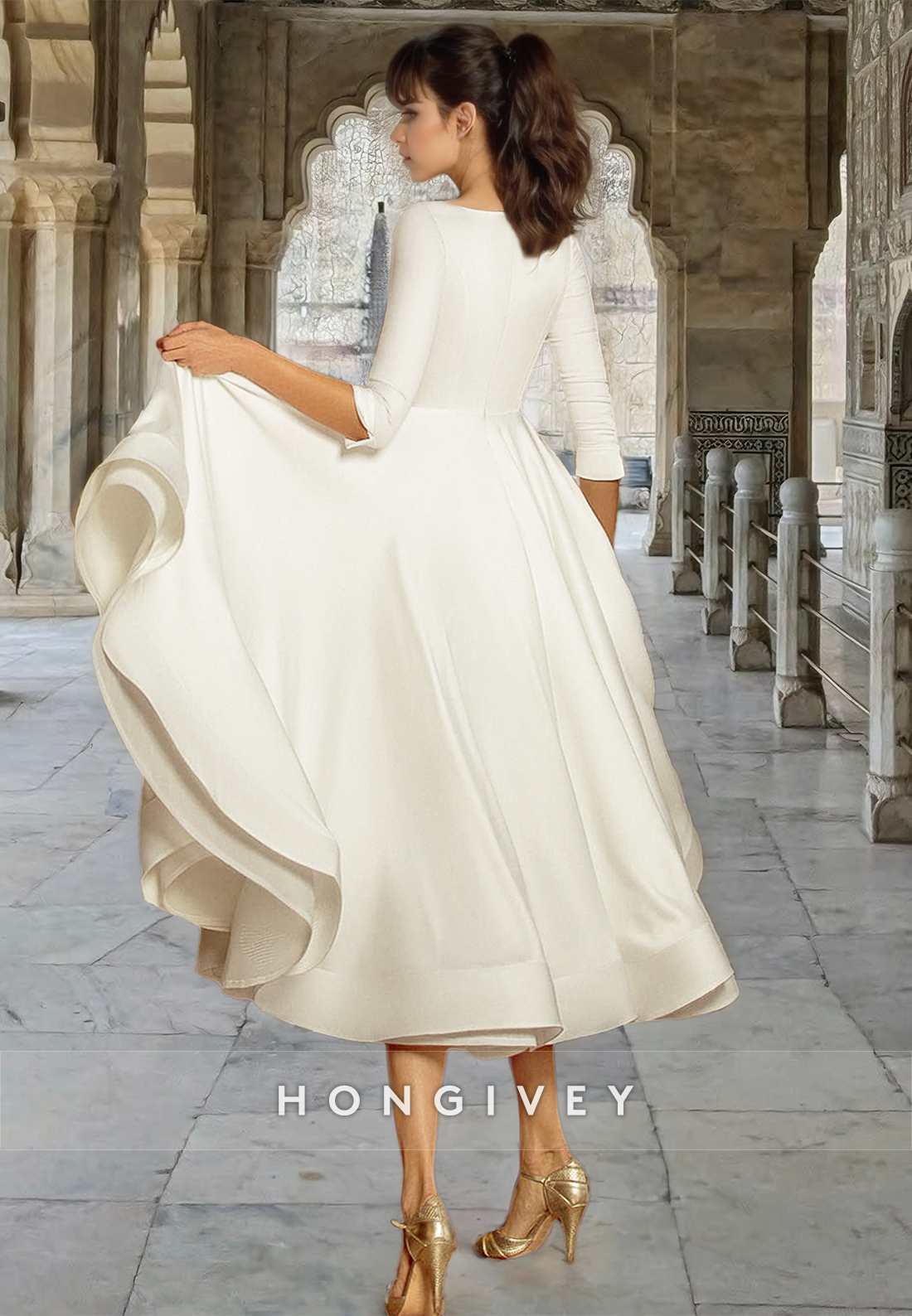 Chic Satin Vneck Half Sleeves Aline Wedding Dress Midi Dresses