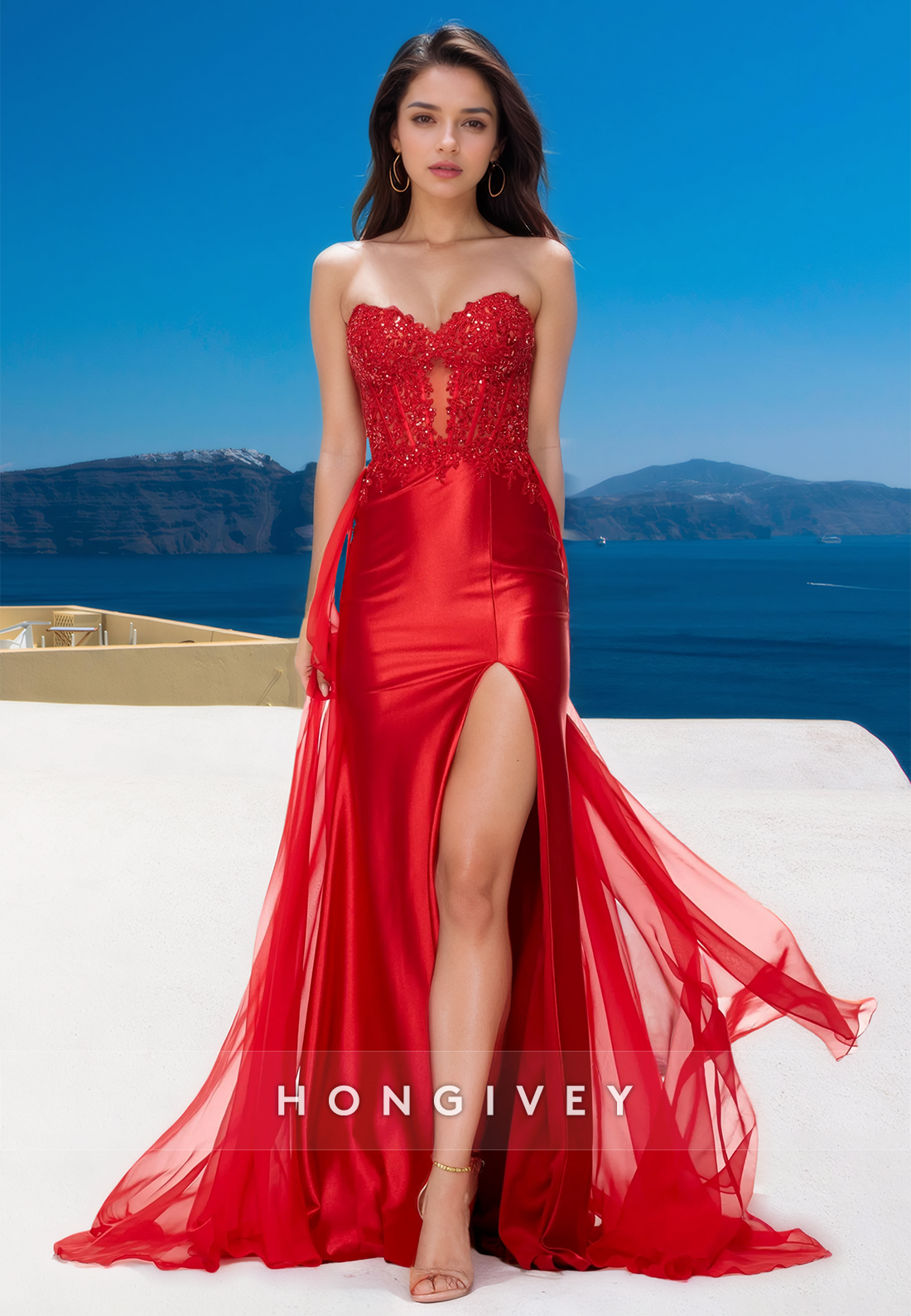 Sexy Red Strapless Trumpet With Side Slit Evening Dress Formal Party Gown