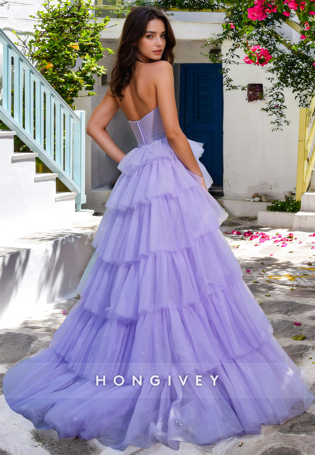 Chic Tiered Tulle Aline Purple Strapless Evening Dress Prom Gown Ball Gown