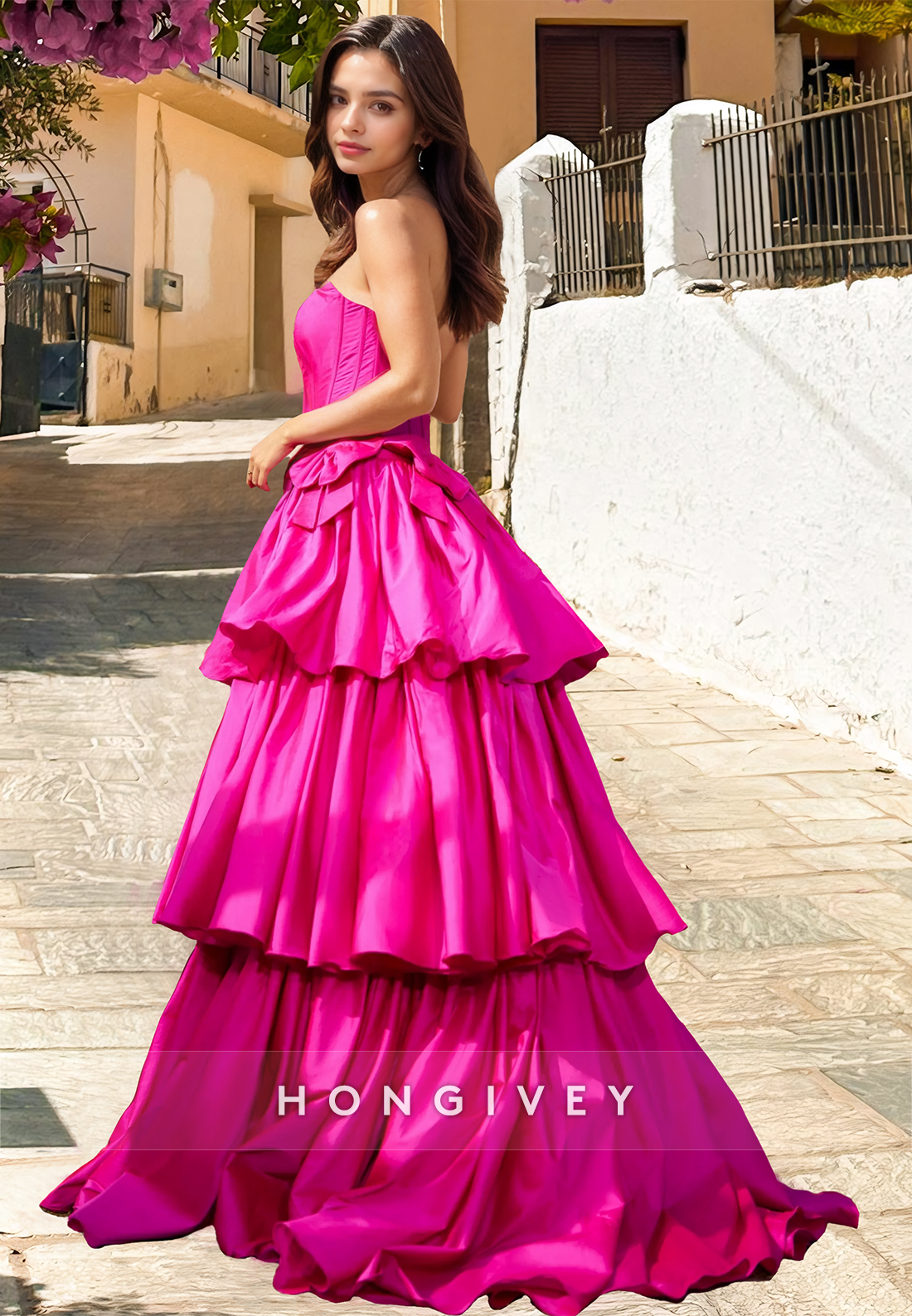 Tiered Strapless Aline Satin Bow Prom Dress Party Gown Ball Gown