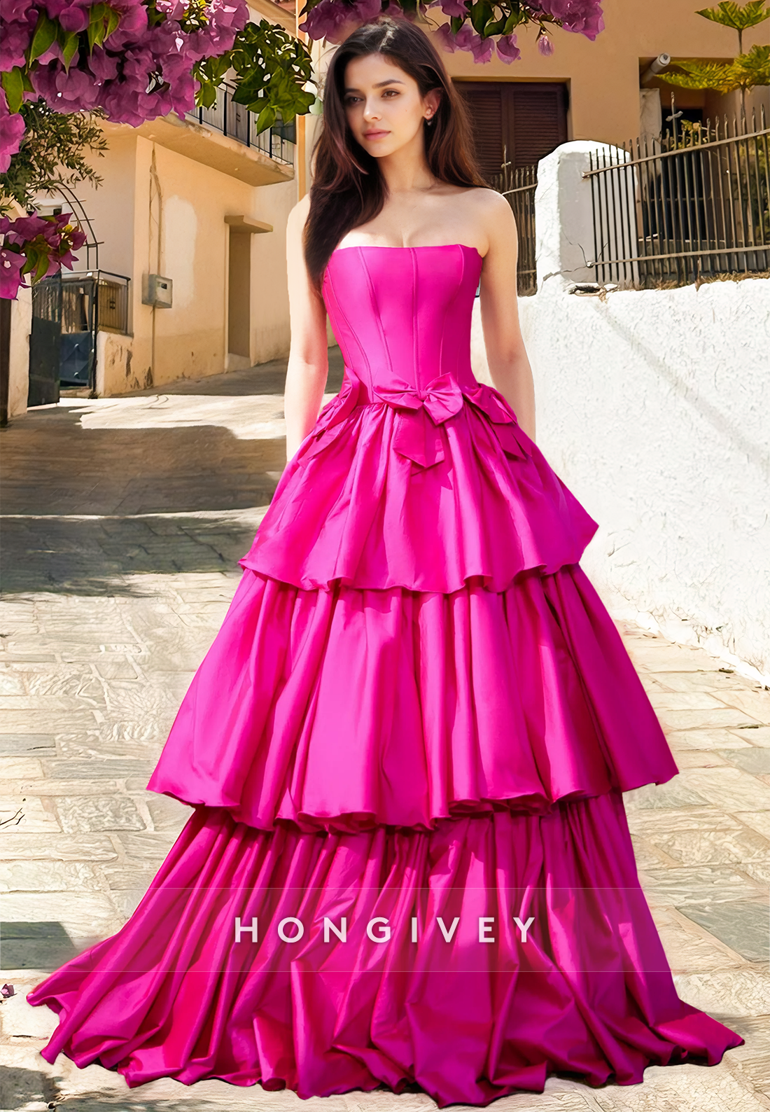 Tiered Strapless Aline Satin Bow Prom Dress Party Gown Ball Gown