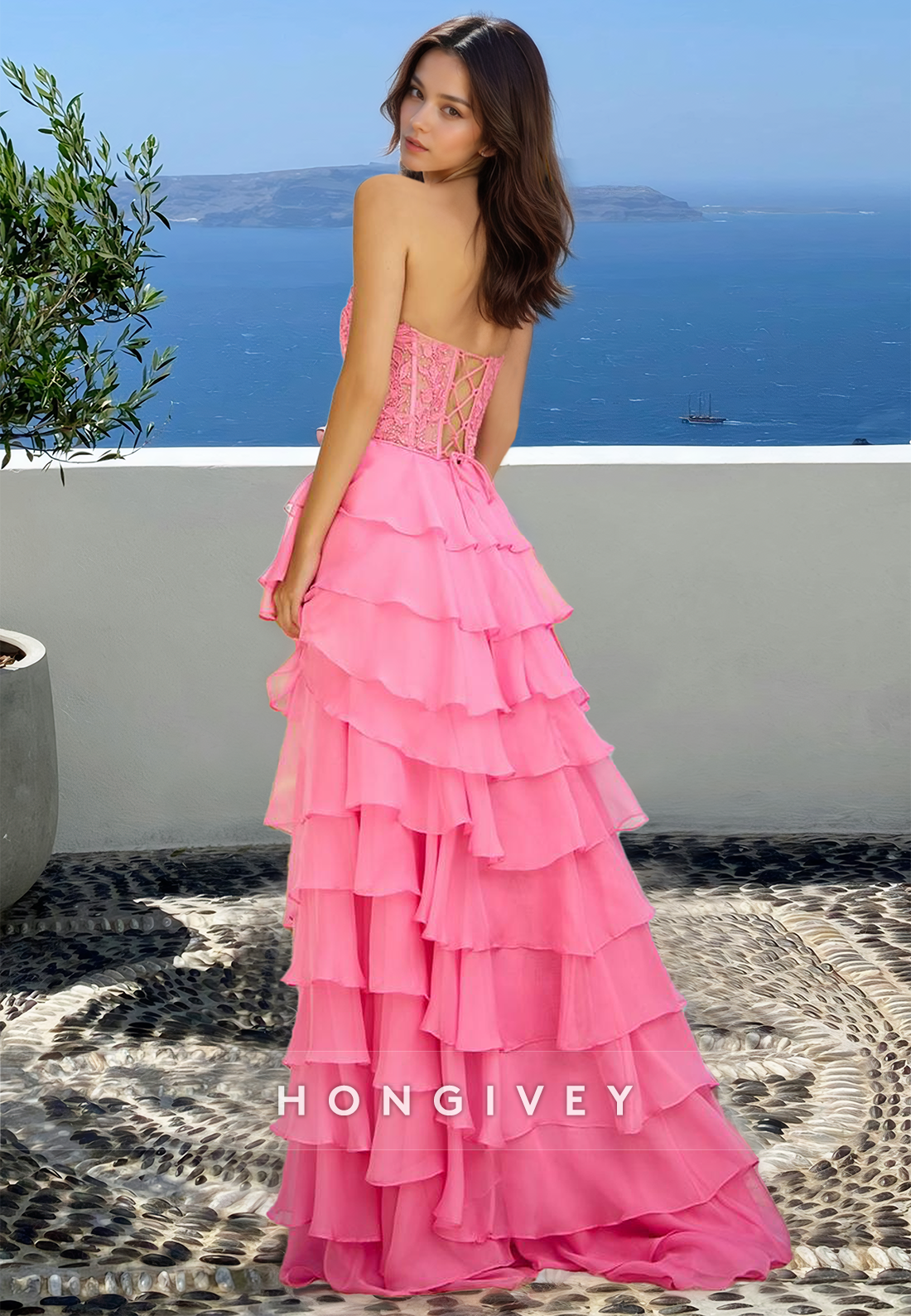 Chic Pink Tiered Applique Strapless Aline With Slit Evening Dress Prom Gown